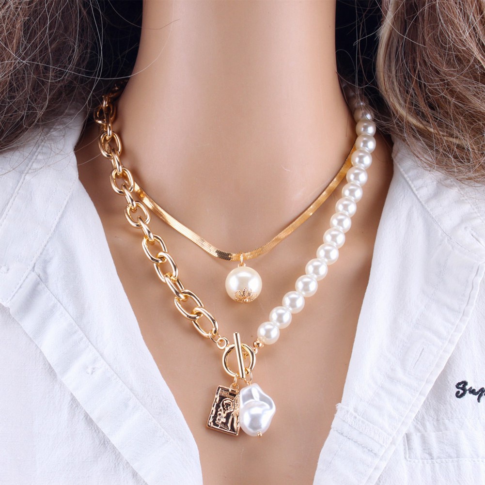 Boho Double Layer Butterfly Pendant Necklace Pearl Choker Chain Women Jewellery