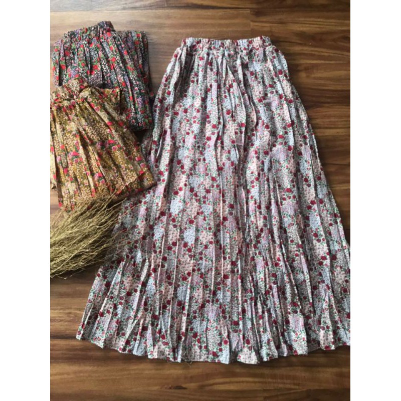 Rok Plisket Prisket Import/ Maxi Skirt Motif Bunga Vintage Pastel