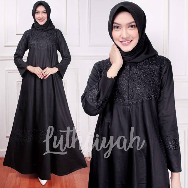 Dress Gamis Abaya Katun Motif Bordir Hitam Baju Muslim Wanita Busui Resleting Depan Terbaru Premium 