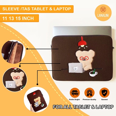 Sleeve Pouch Sarung Tas Bag Case Ipad Tab Tablet Macbook Air Pro Laptop Asus Acer Lenovo HP Huawei 11 12 13 14 15 inch Motif Gambar Beruang Bear Warna Coklat Lucu Cute Murah Korean Model