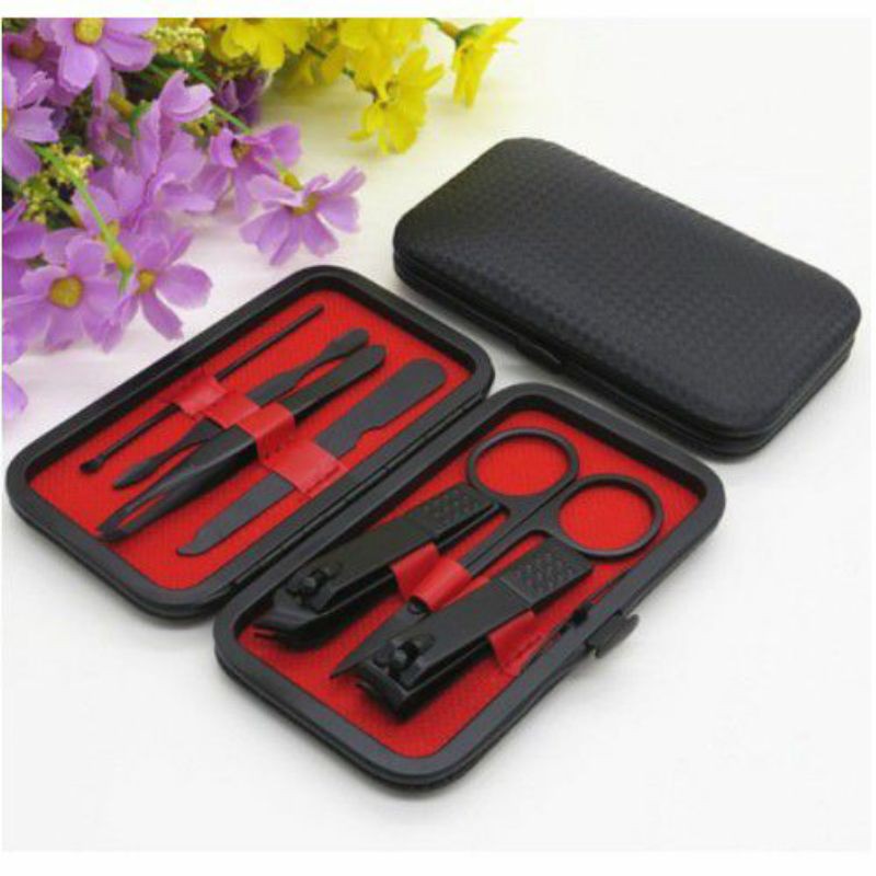 gunting kuku set stainless steel warna hitam manicure pedicure original bayi kucing cantengan miring murah 7 in 1 dompet motif