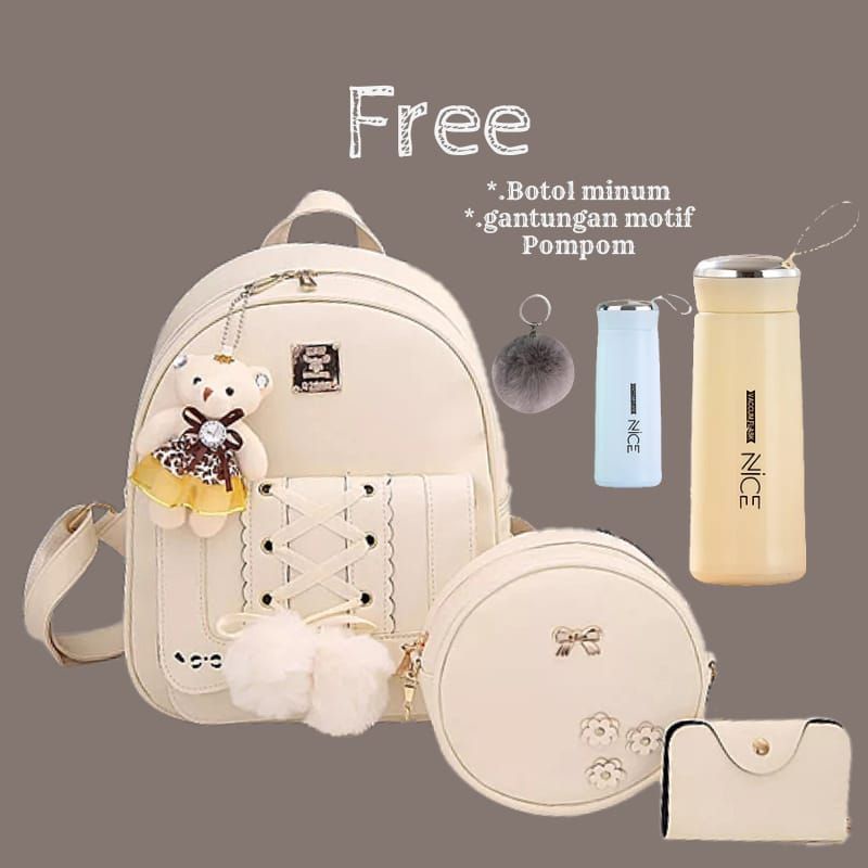 (COD)Tas Ransel Bacpack Pompom Fashion Wanita Korea Ransel Siswa Sekolah Menengah Pertama Sekolah Dasar Dalam Ransel Jepang Free Botol Minum Tas Anak anak