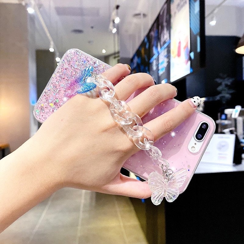 Glitter Case Chain ButterFly iPhone Oppo Vivo Xiaomi Samsung Realme 3 5 6 7 8 Pro A74 A54 Y11 10 11