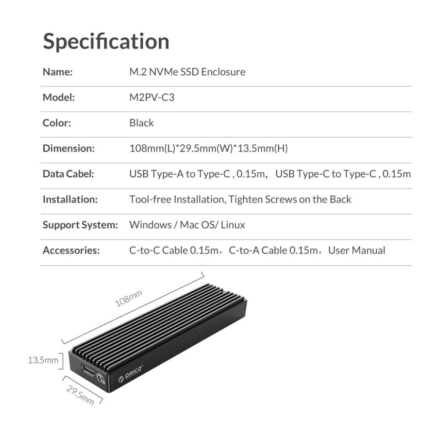 Orico M2PV-C3 M.2 NVMe Box SSD Enclosure M2 PCIe External Case M2PVC3