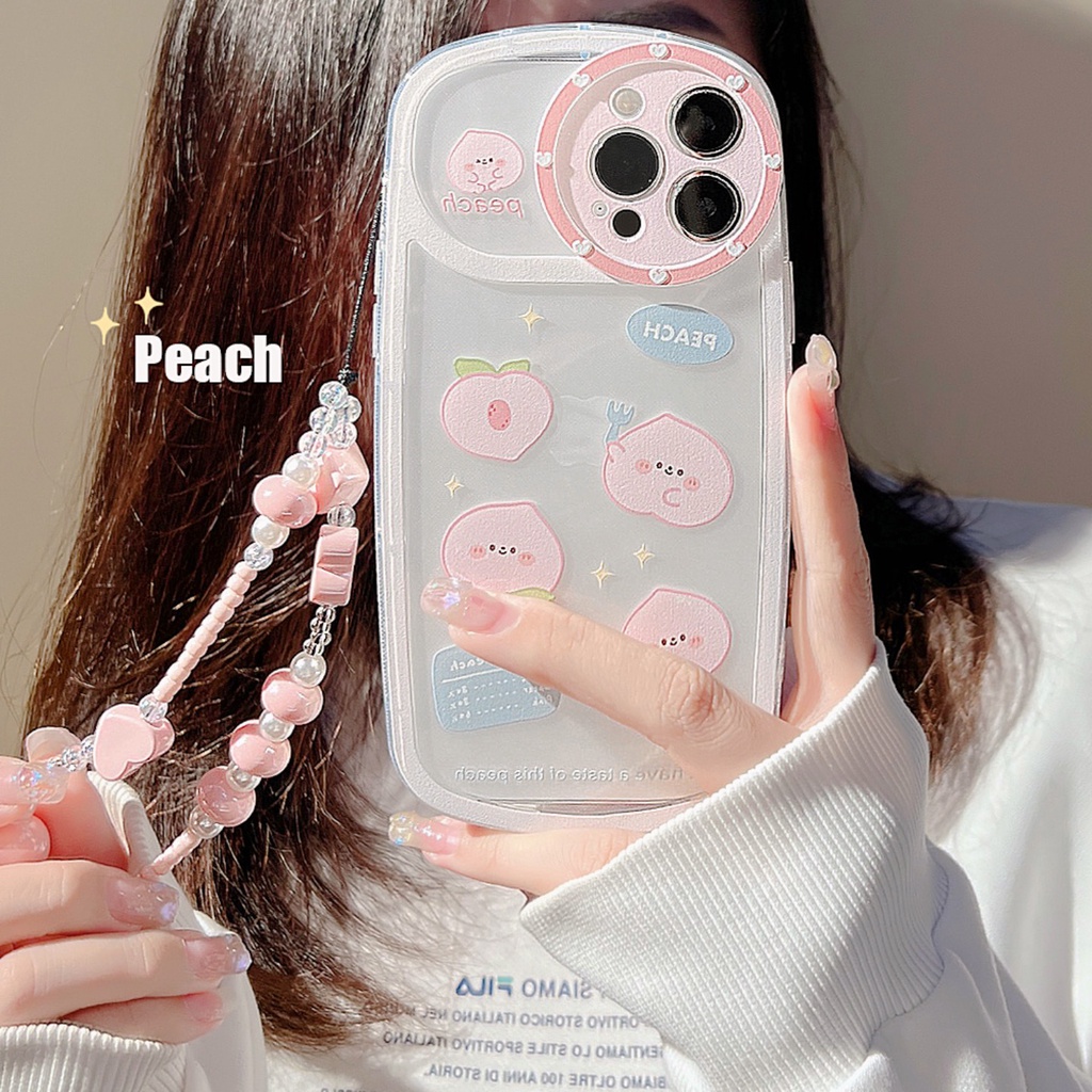 Case Pelindung Transparan Motif Peach Dengan Rantai Hati Untuk Iphone 11 12 13 Pro MAX