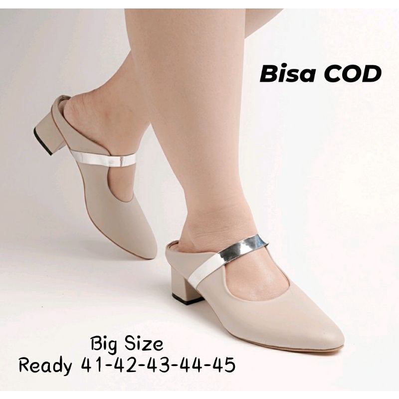 Best Seller / Bustong Higheels Wanita Big Size 41-45 Slop Sepatu Pesta Ukuran JUMBO Kulit Krem Kaki Gemuk Bisa COD, 44