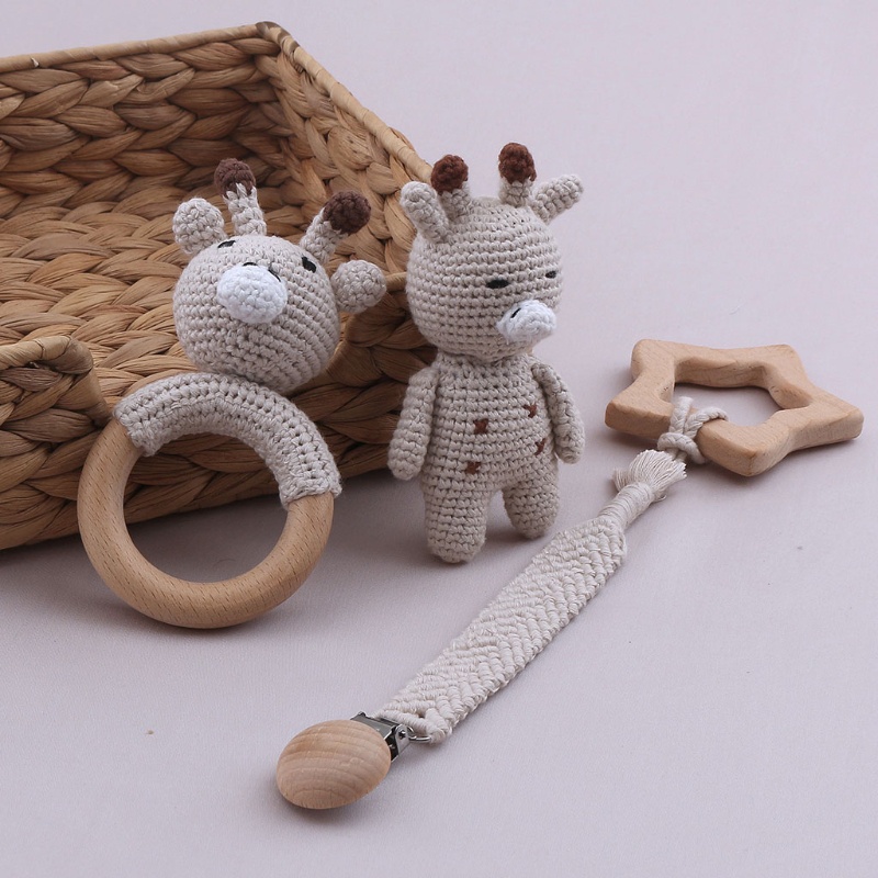 Mary 4pcs / Set Mainan Rattle Teether Bentuk Jerapah Kartun Bahan Kayu Untuk Bayi