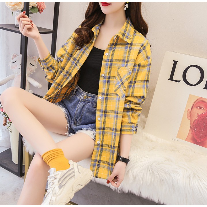 Kameja Casual Lengan Panjang Motif Kotak Kotak Kemeja Santai Wanita Korean Style