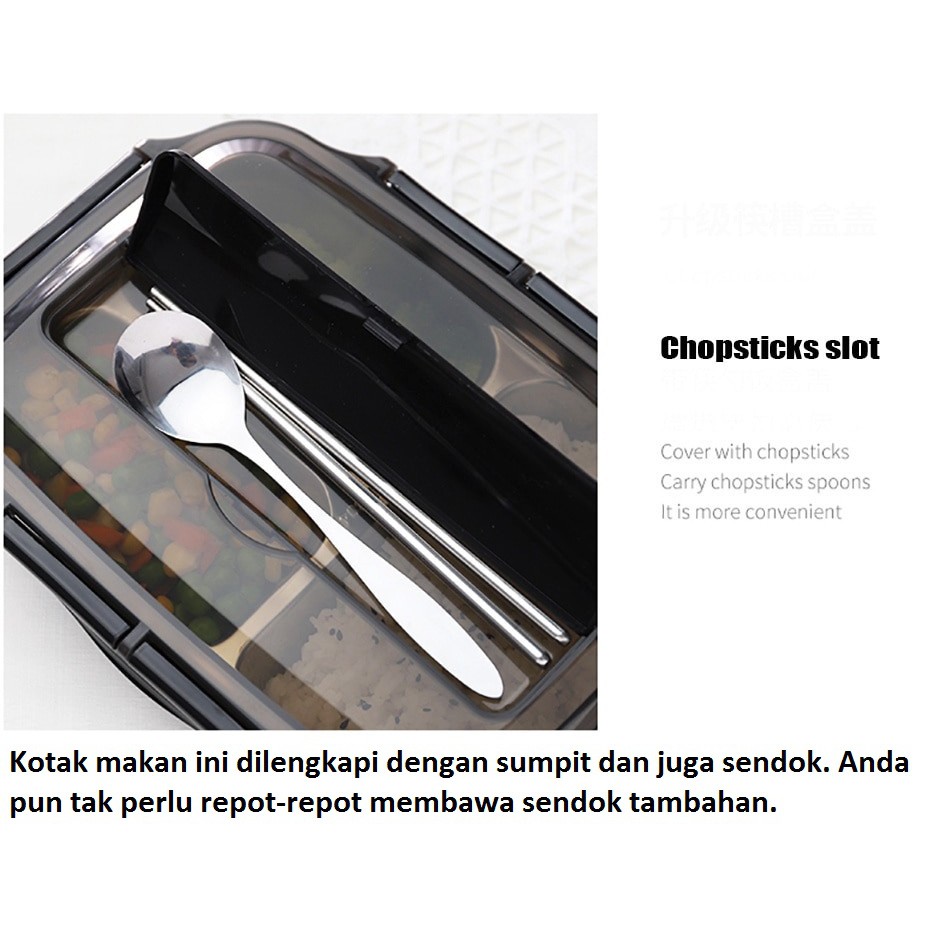 LUNCH BOX Kotak Makan Bento Lunch Box 3 Grid Spoon &amp; Chopstick - OU1000 - STAINLESS