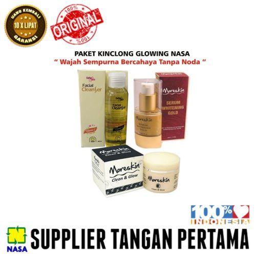 PAKET GLOWING NASA LENGKAP - MORESKIN CLEAN AND GLOW, CREAM WAJAH GLOWING, SERUM GOLD SKINCARE BPOM