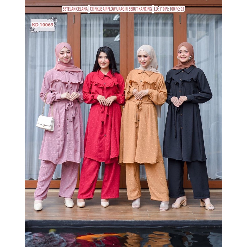 DISKON - KD 10069 (isi 2) ASYA Setelan Celana Crinkle Airflow Uragiri Serut Kancing Polos Oneset Mus