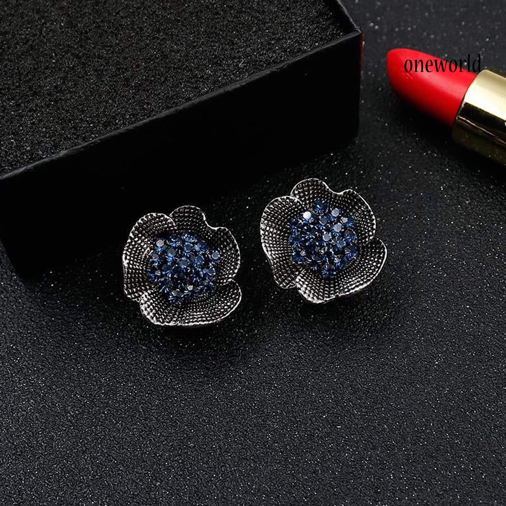 OW@ Vintage Women Rhinestone Inlaid Rose Flower Shape Stud Earrings Jewelry Gift