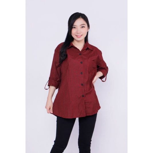 Kemeja Wanita Basic Lengan Panjang Katun Kotak Trendy/ Atas Wanita-7