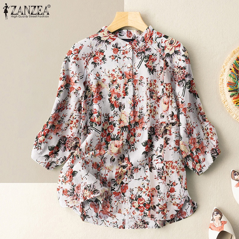 ZANZEA Women Street Fashion Floral Printing Casual Loose Half Sleeve O-Neck Blouse