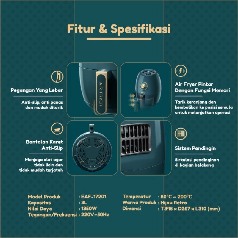 ELEK131 PENGGORENG TANPA MINYAK EMILY AIR FRYER 3 LITER EAF17201