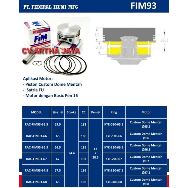 PISTON KIT FIM FIM93 CUSTOM DOME MENTAH ( 65,5 / 66 / 66,5 / 67 / 67,5 / 68 ) ( PEN 16 / PIN 16 )-4