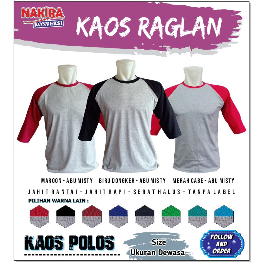 Raglan 3/4 / Raglan Polos / Raglan Murah / Raglan Distro / Cotton Combed 24s - Pria Wanita