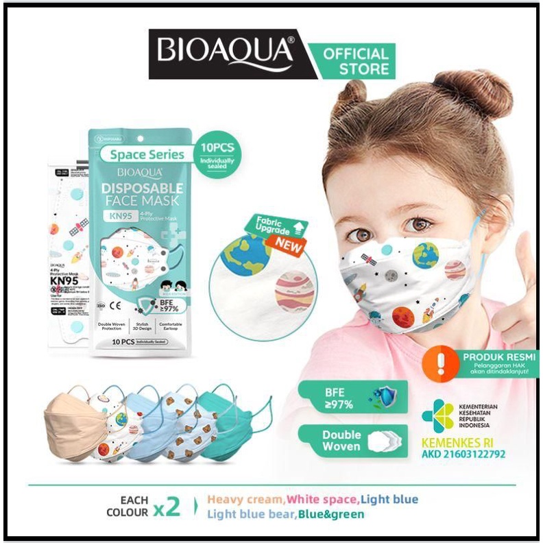 Miisoo Bioaqua Disposable Mask EVO Anak Motif N95 KN95 BFE 95%  Masker Kesehatan wajah Kids 4ply 10p