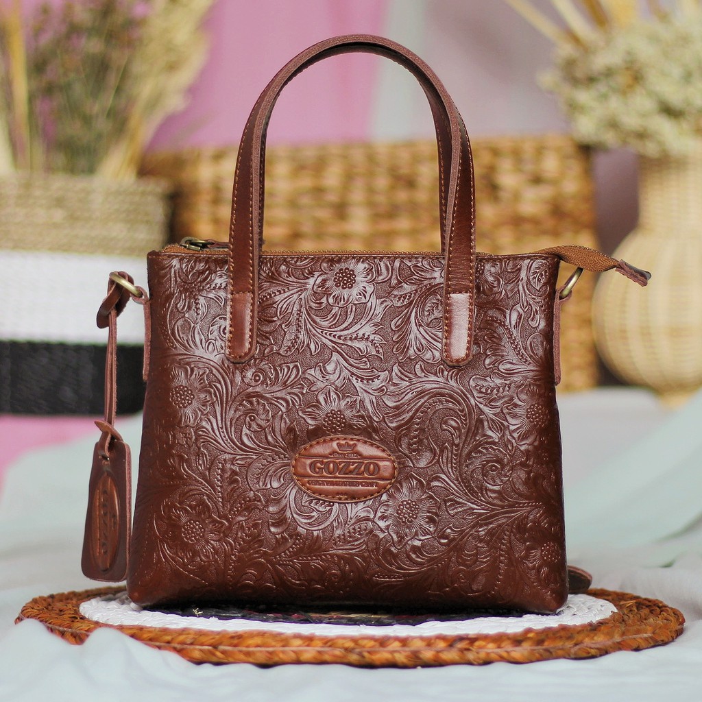 NEW !! TAS KULIT ASLI SLEMPANG MODEL MINI RACHEL KULIT SAPI MOTIF BATIK HAVANA / FREE GRAVIR NAMA