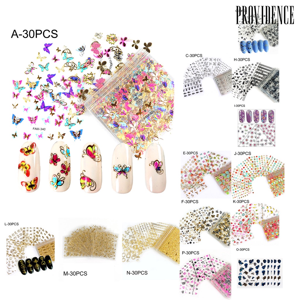 Providence 30Pcs/Set Nail Stamping Decals Easy to Stick Back Glue 3D Colorful Butterfly Design Nail Foil Sticker for Manicure