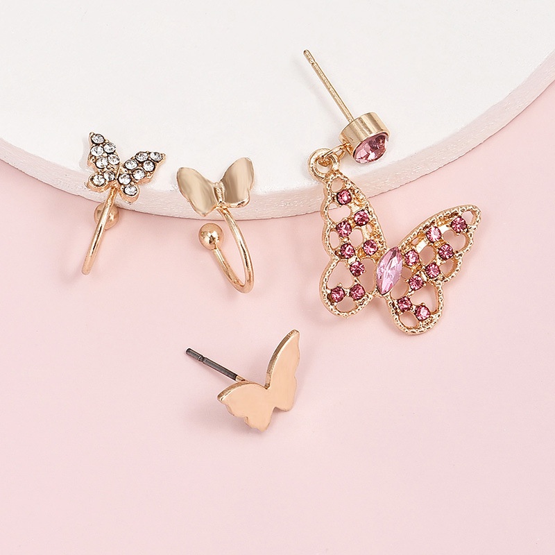 4pcs / Set Anting Giwang Metal Model Kupu-Kupu Dengan Berlian Imitasi Warna Permen Untuk Wanita