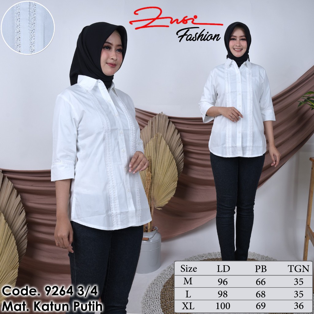 KEMEJA KATUN PUTIH 9264 WANITA TANGAN PANJANG 3/4 UKURAN M - XL