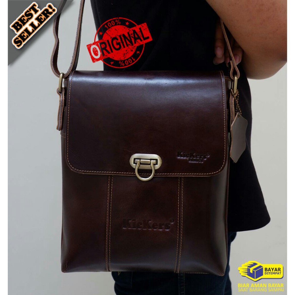 Tas Selempang Kulit Pria Asli Original Kickers Mewah dan Elegan Big Size