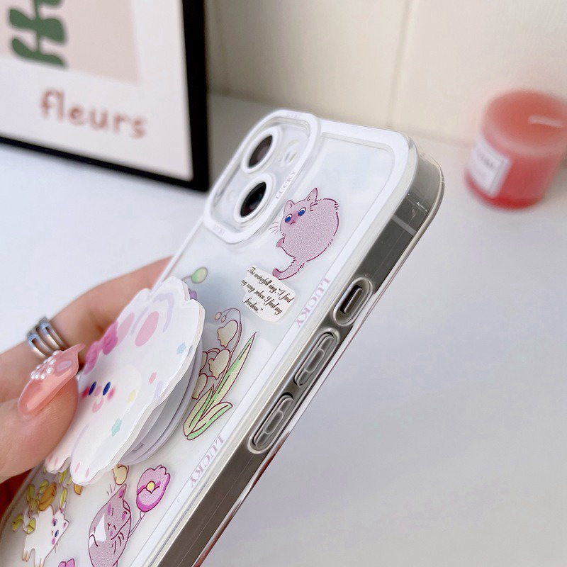 Flowers Cat Popsocket Soft Case iP iPhone 11 12 13 Pro Max 6 6S 7 8 + Plus X XR SE 2020 XS Max Casing