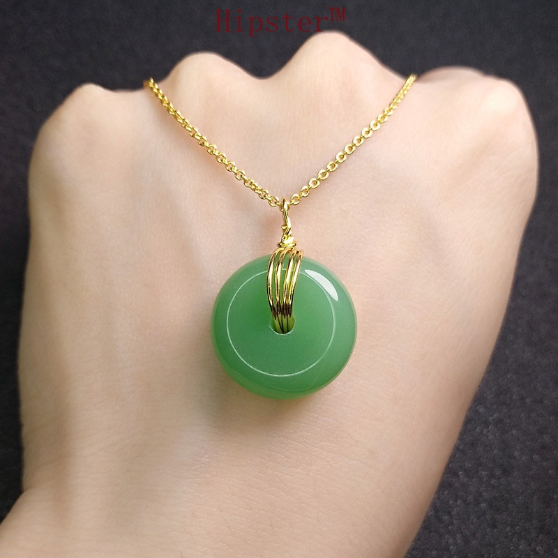 Retro Classic Fashion 24K Gold Jade Simple round Pendant Necklace