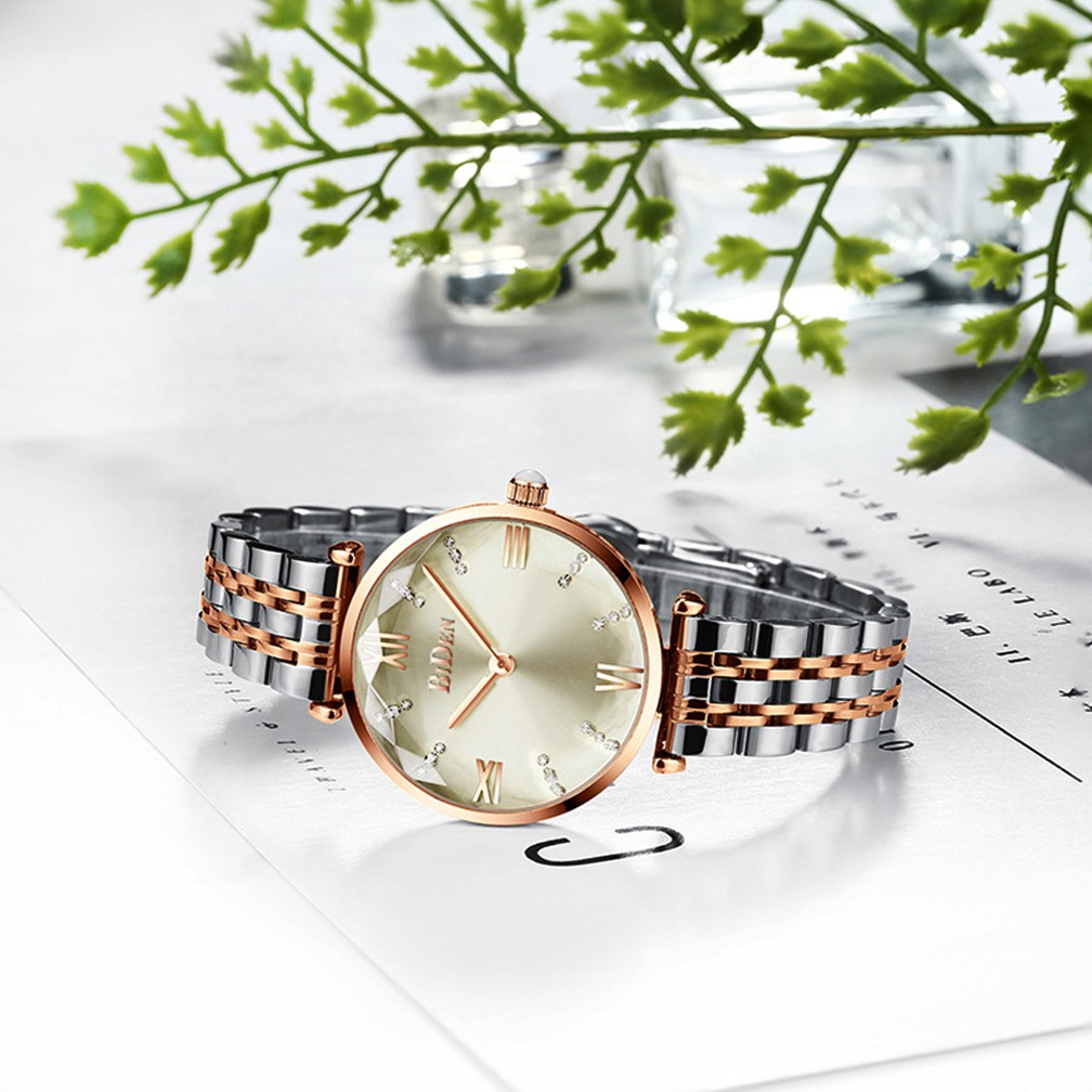 BIDEN Jam Tangan Wanita Mode Santai Tali Stainless Steel Display Kuarsa Tahan Air Jam Tangan Cewek-7