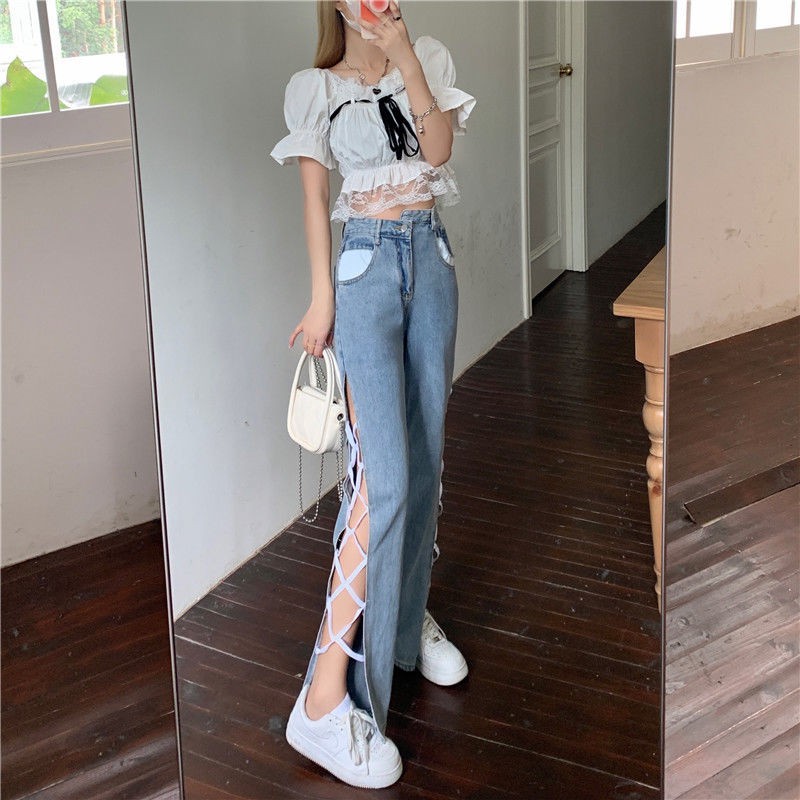 Suhao Musim panas Baru Vintage Hyun-ah Sisi Slip Celana Spice Girl Fried Street Jeans Celana Panjang Wanita Slim Fit Lebar Celana