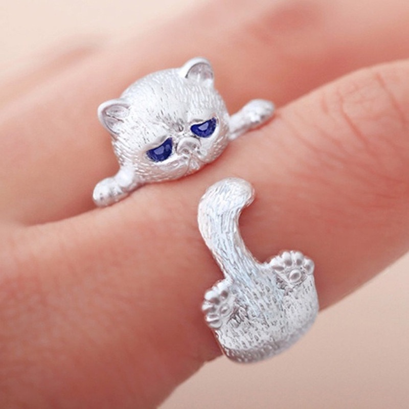 Cincin Pasangan Desain Kucing | Cincin Model Terbuka Desain Telinga Kucing / Anjing Untuk Wanita | Cincin Adjustable Bahan Alloy Gaya Jepang / Korea Untuk Wanita