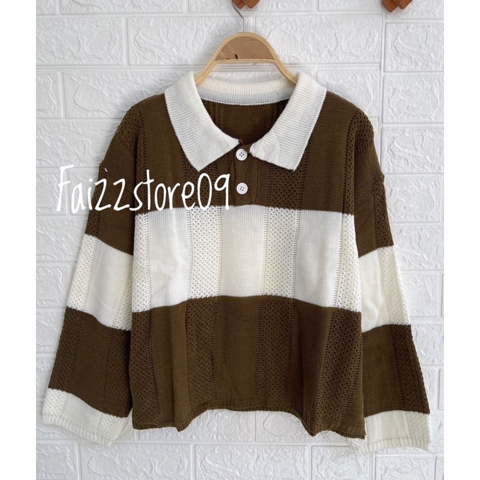 NAOMI SWEATER RAJUT MOTIF JARING CROP TOP STRIP BAHAN TEBAL PREMIUM KNIT STORE09 MURAH