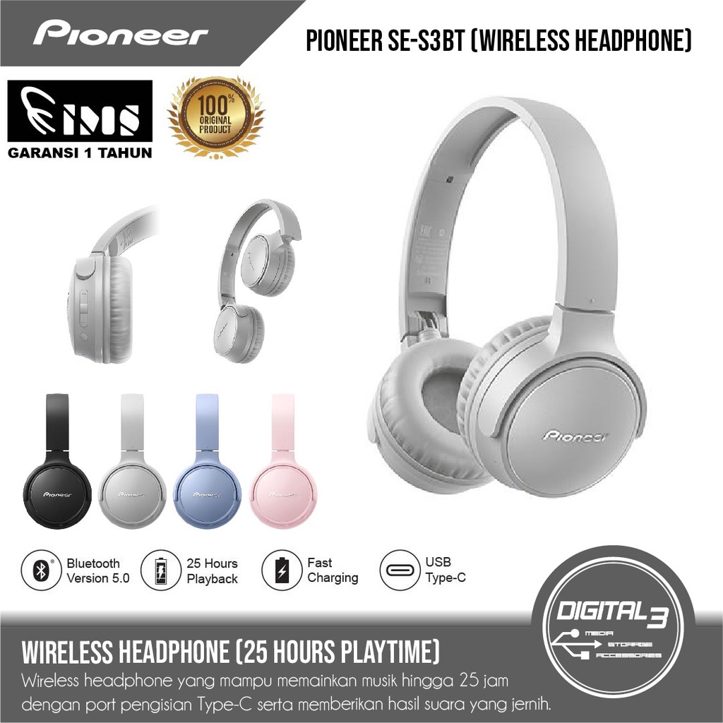 Bluetooth Wireless Heaphones Pioneer SE-S3BT On-Ear Headset Stereo