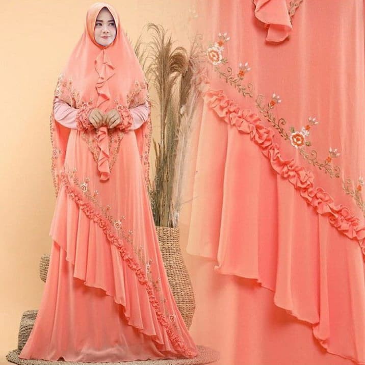 SMARTDN Terlaris baju butik MIMMA SYARI JUMBO PEACH CERUTY BORDIR gamis pesta mewah MT Limited