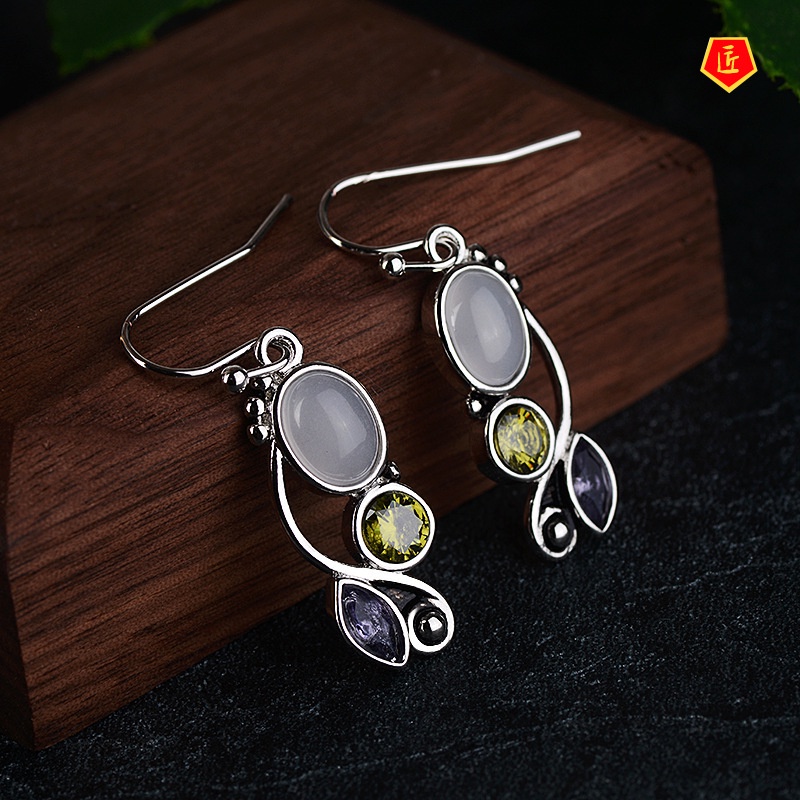 [Ready Stock]Fashion Elegant 925 Silver Moonstone Colored Gems Earrings