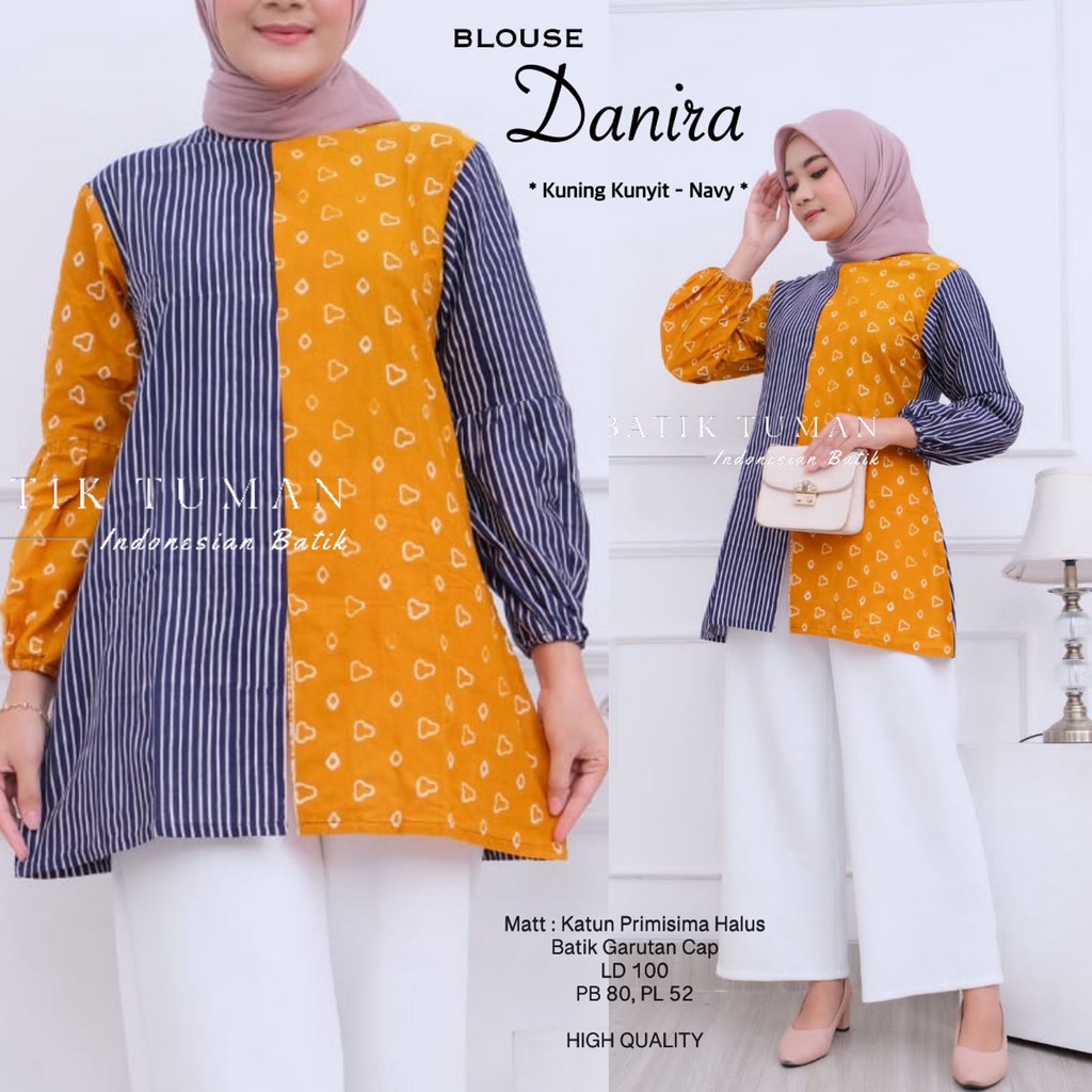 BLOUSE DANIRA Baju Batik Wanita Blus Blouse Batik Warna Kuning Kunyit Mustard Kuning Mix Navy Bahan 