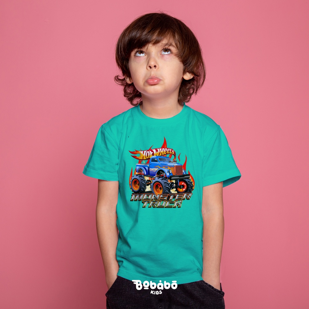 KAOS ANAK HOTWHEELS - KAOS ANAK HOTWHEELS WARNA TOSCA MUDA MONSTER TRUCK BIRU