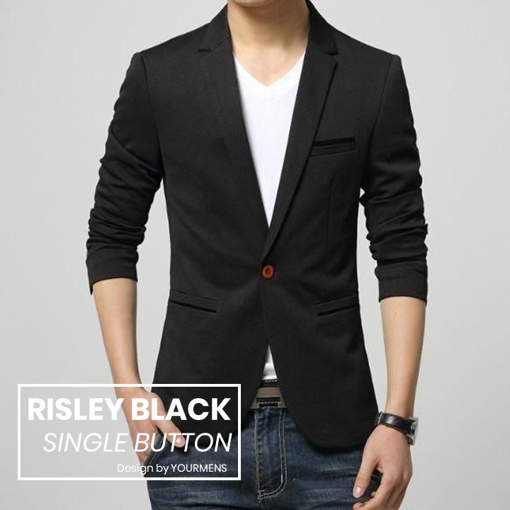 BLAZER SLIMFIT PRIA HITAM NIKAYU RISLEY BLACKSTYLE SINGLE BUTTON HIGH TWIST