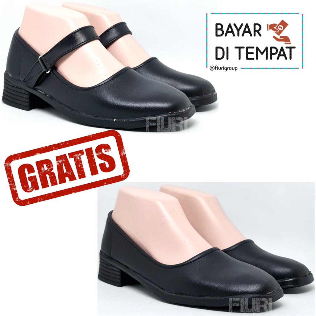 FIURI - Sepatu Pantofel Wanita Hitam Tali Perekat 36-42 Bonus Hitam Polos Hak 3cm - Sepatu Sekolah Perawat Suster Bidan Paskib Hak Tahu 3 cm Upacara Paskibra - Sepatu Formal Perempuan SD SMP SMA Pelatihan Ospek Kerja Kantor Resmi Kulit Murah Promo Diskon