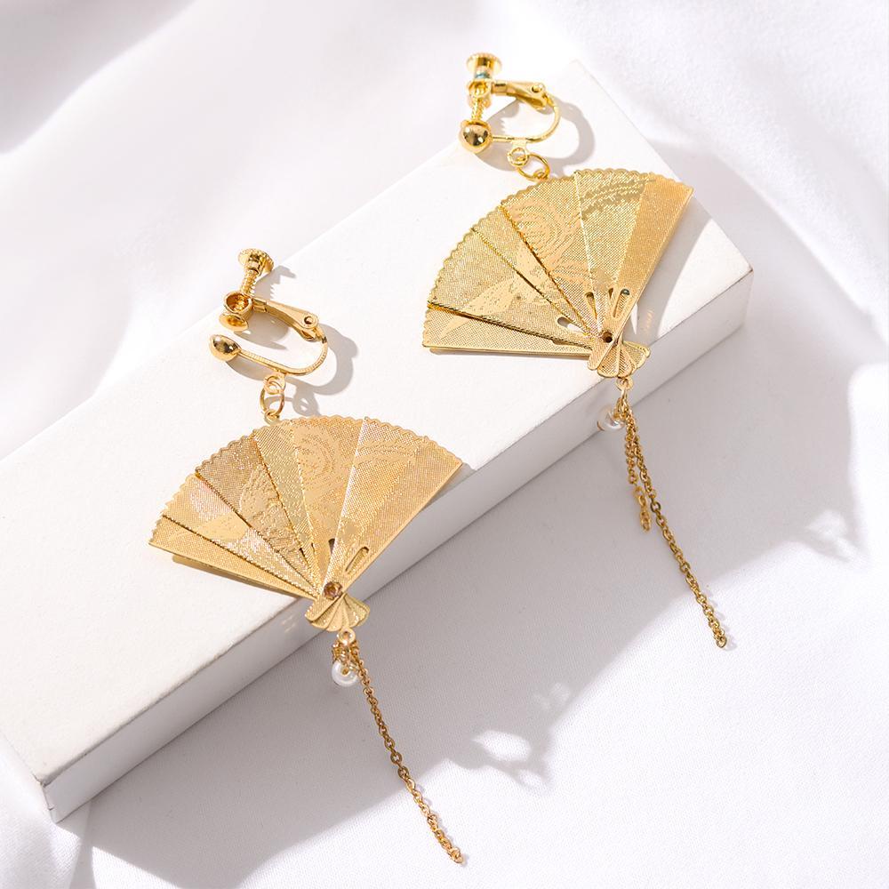 R-flower 1pasang/set Anting Kipas Lipat Wanita Fashion Perhiasan Berpohon Mutiara Panjang Drop Jumbai Gaya Cina