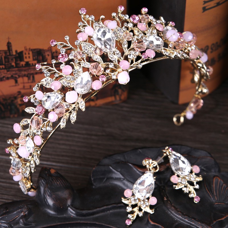 Deartiara Set Bando Tiara Handmade+Anting Tusuk Desain Kristal Warna Emas Pink Untuk Wedding