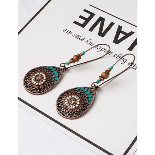 LRC Anting Fashion Brown Water Drop Hollow Rice Bead Earrings With Diamonds