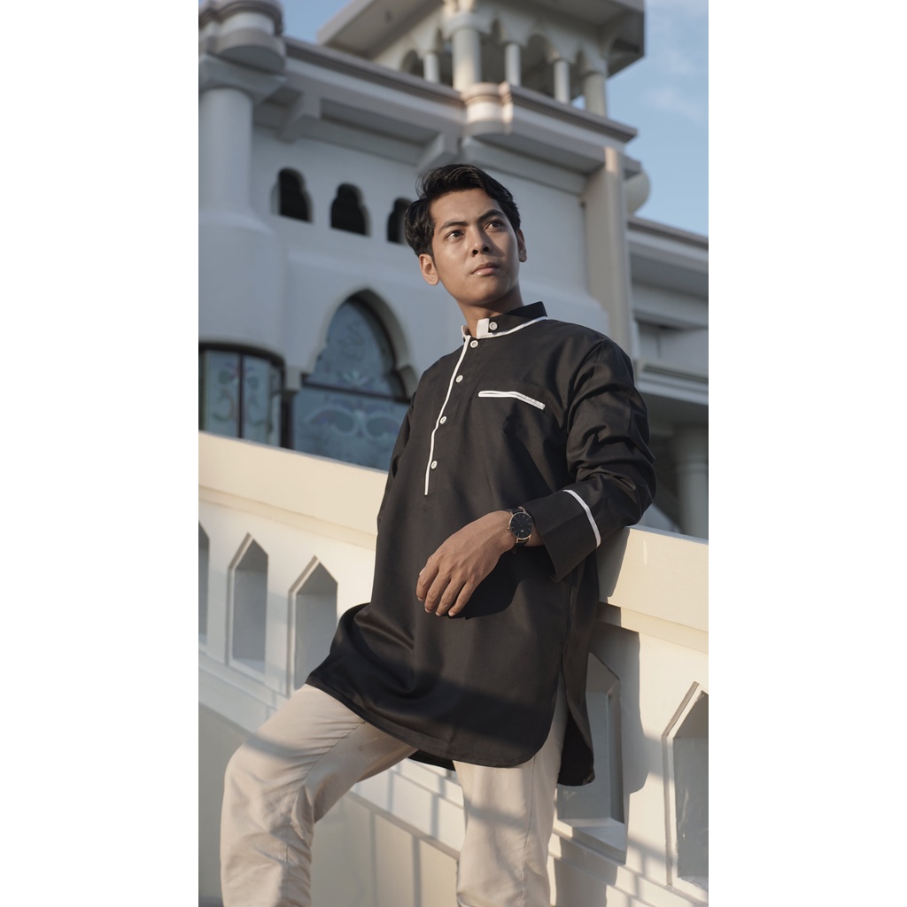 baju koko mubashara motif garis garis hitam putih