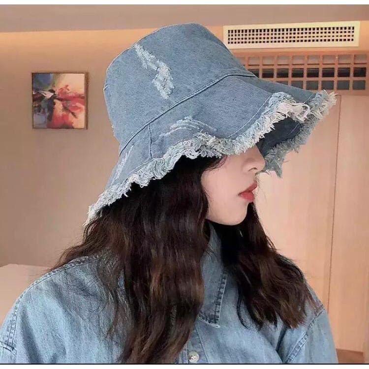 Bucket hat Ripped end Topi bucket hat Rawis Rumbai jeans wanita aneka warna - bucket jeans wanita model sobek