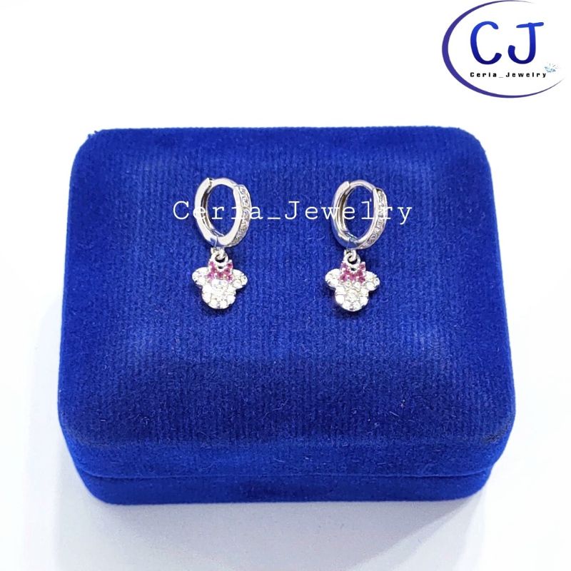 Anting Perak Asli Silver Wanita Dewasa - Anak 925 Lapis Emas Putih Model Mickey Mouse Permata - Perak Asli Murni