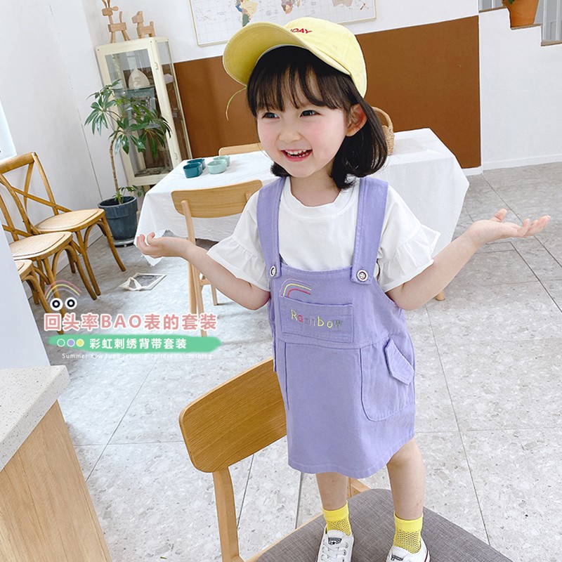 KF Cat Dress Overall Anak Perempuan Motif Rainbow Kaos Pendek Import Korea Style 1-4 Tahun Anak Cewek Set-3