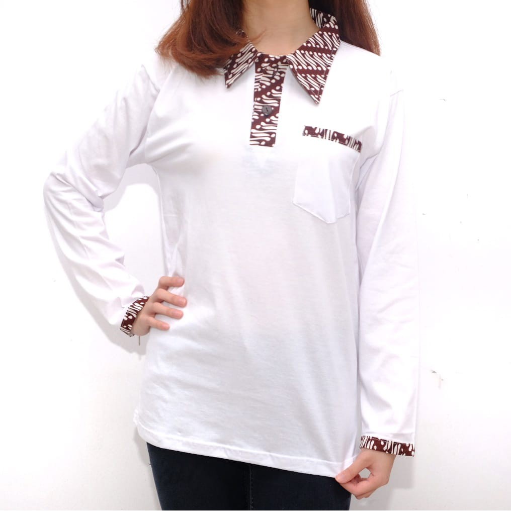 Kaos Krah Polo Batik Wanita Lengan Panjang Warna Putih Premium Jabrik Jogja
