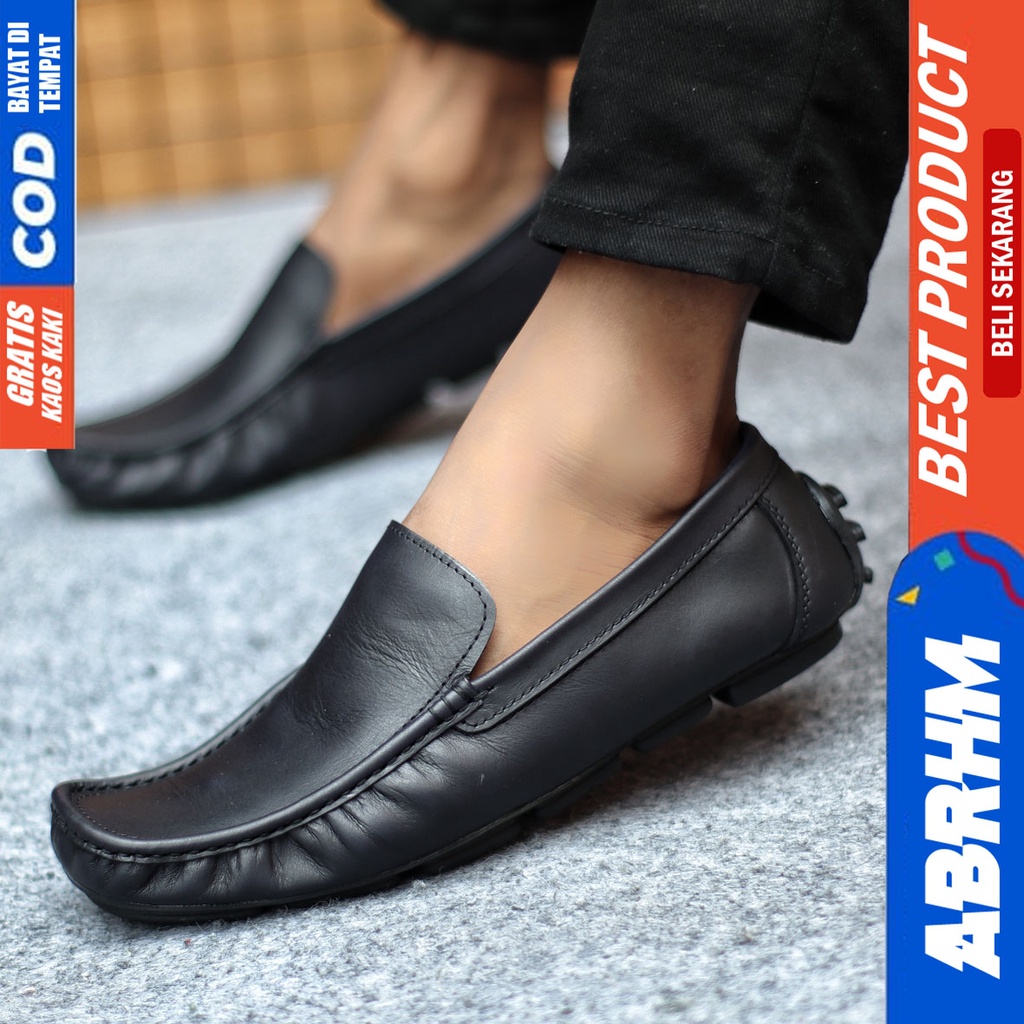 Sepatu Casual Pria Slip On Slop Selop Pansus Santai Kulit Asli Kerja Kantor Kulit Kondangan Hitam Polos Fashion shoes Terbaru Original Murah Kekinian Cowok GENIO ABRHM