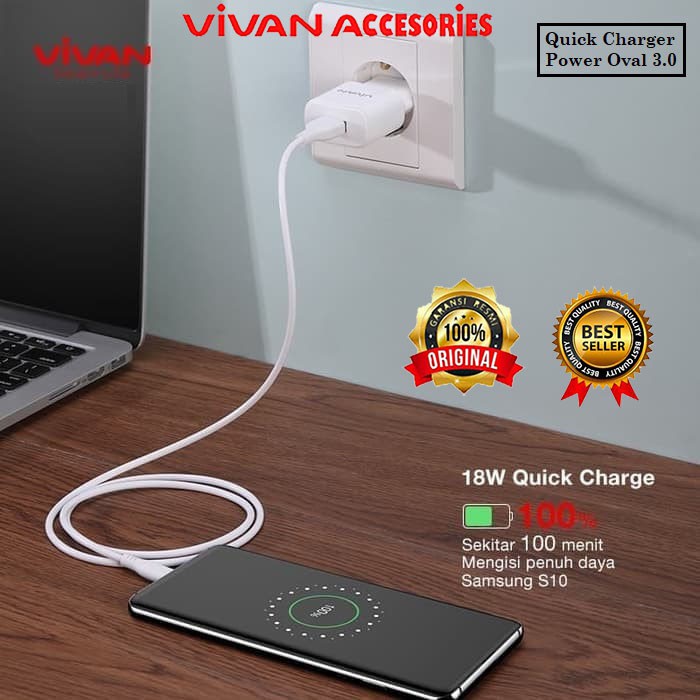 VIVAN Adaptor / Batok Quick Charger Power Oval 3.0 18W + Kabel Type C